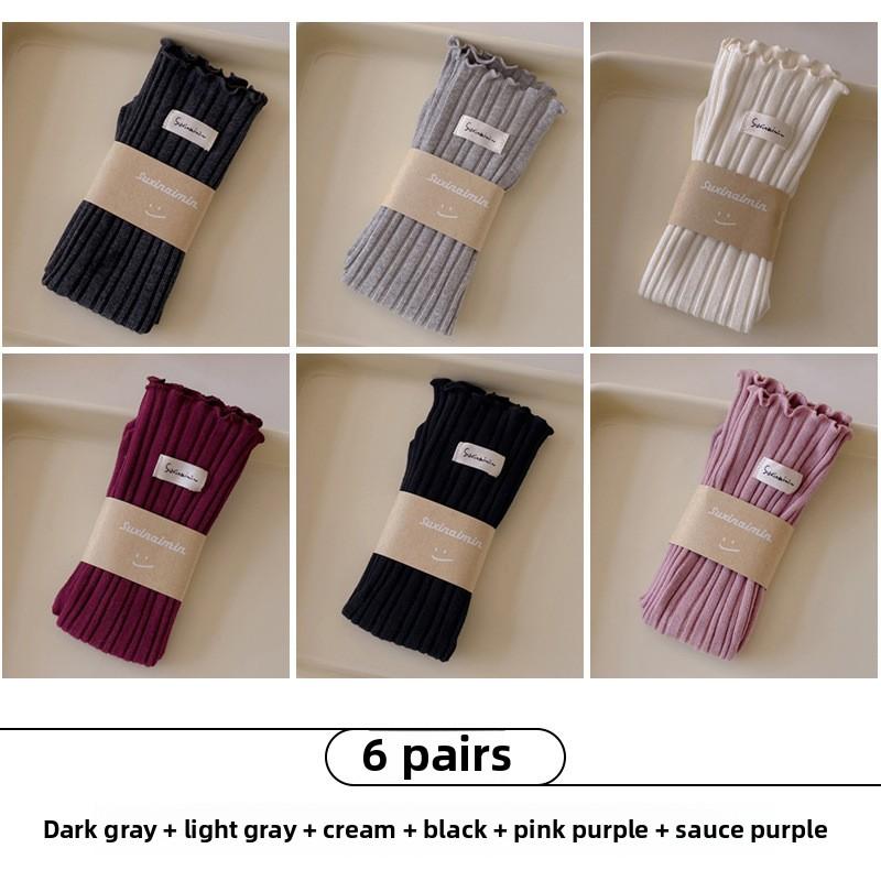 6 Pairs of Female Spring and Autumn New Sweet Wooden Ear Edge Suction Sweat Vertical Tube Stack Socks