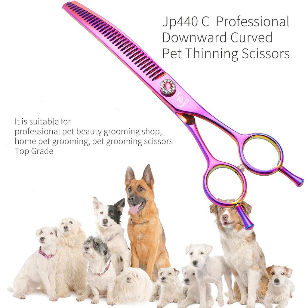 SANGELAR 7 Inch Top Grade Super Jp440C Professional Pet Scissors Downward Curved Grooming Scissors Dog Hair Care Thinner Scissors