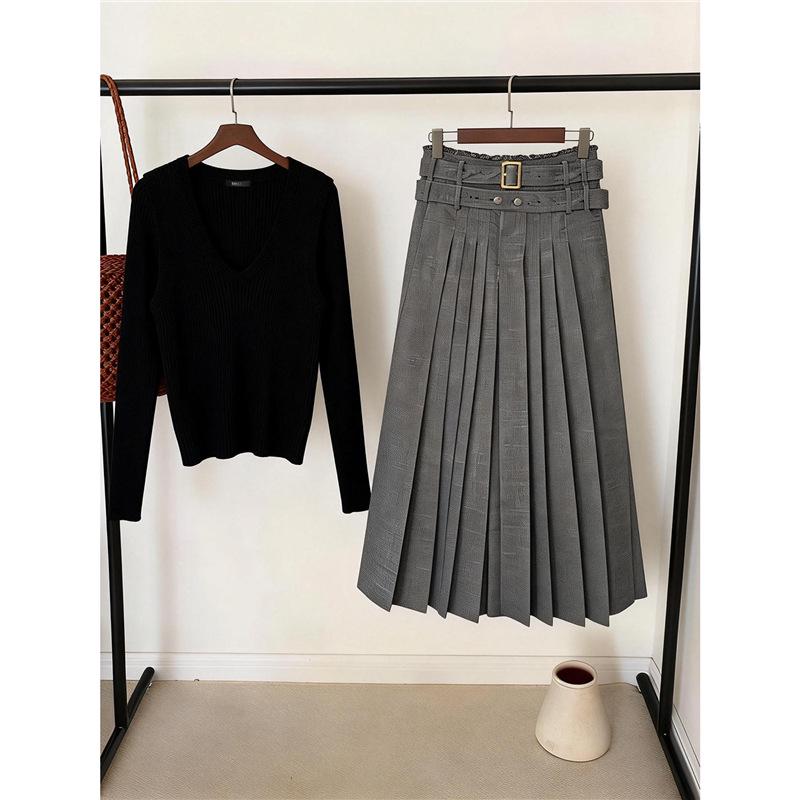 Korean Temperament Gray Winter A-line Pleated Long Skirt