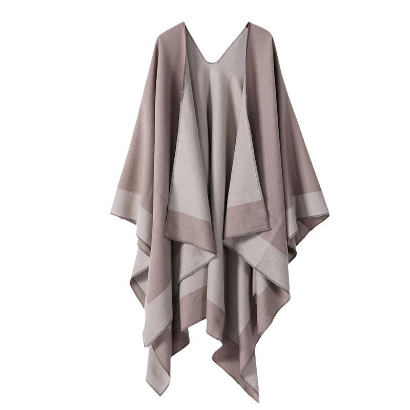 Women's European & American Double-Sided Solid Color Cape Shawl with Striped Edge