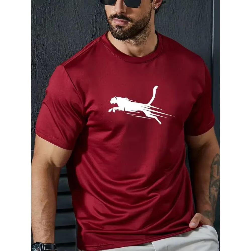 Modny T-shirt męski z wygodnej bawełny w panterkę, T-shirt ze wzorem do noszenia latem, Odzież męska