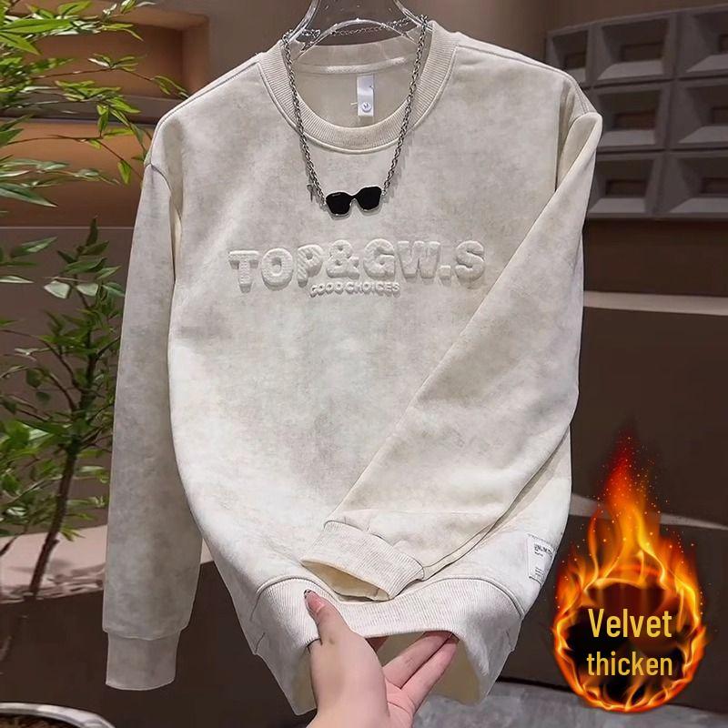 

Мужской пуловер на флисовой подкладке Осень/Зима 2025 с тисненой стальной надписью - Выбеленная толстовка с длинным рукавом в стиле кэжуал L (For 50-60 kg)