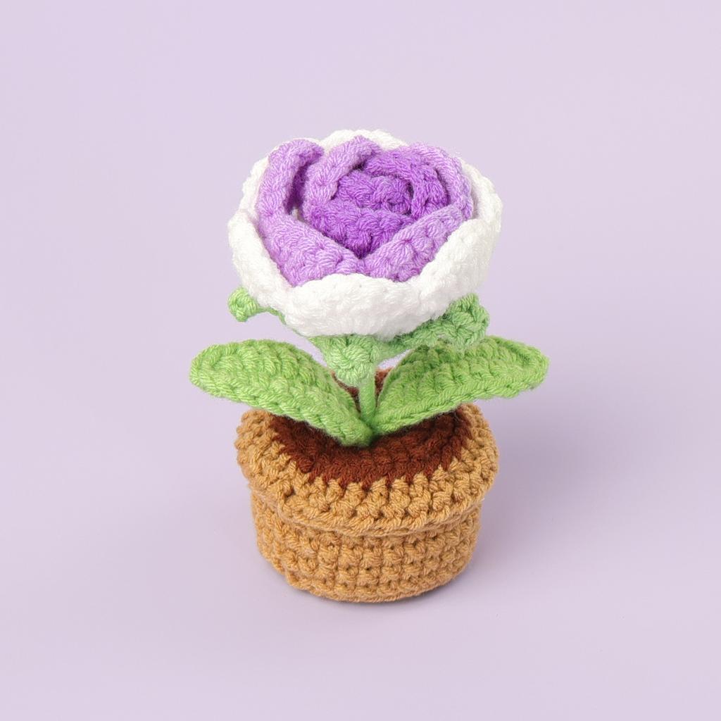 Handmade Knitted Gradient Blue Rose Flower Potted Plant Desktop Ornament Finished Wool Crochet Flower Pot Home Room Decoration