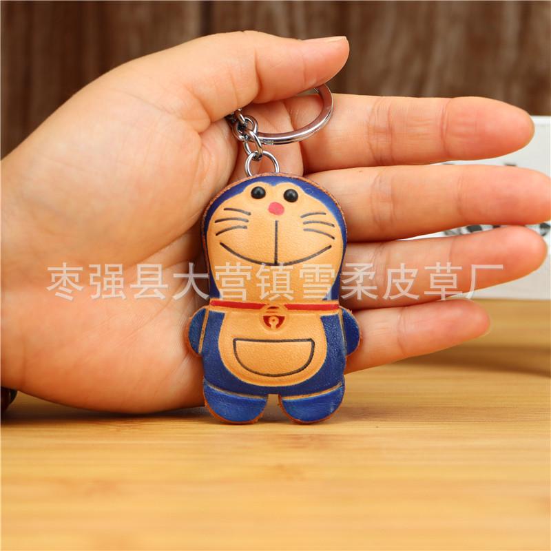 First Layer Cowhide Creative Cartoon Jingle Cat Pendant Bag Pendant Car Keychain Blue Fat Doraemon Pendant