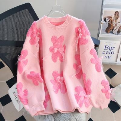 Autumn New Small Bear Fluffy Velvet 3D Bow Set Loose Knit Sweater Women Sweet Style Knit Top