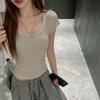 Modal low u-neck threaded front shoulder short-sleeved women's t-shirt summer women's clothing high-end Korean Spice Girl bottoming slim top