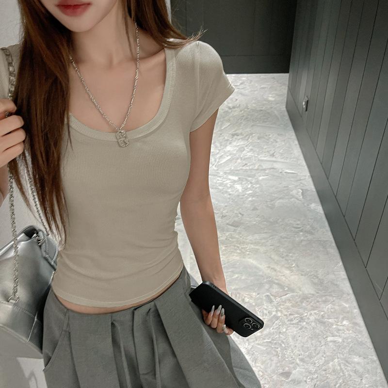 Modal low u-neck threaded front shoulder short-sleeved women's t-shirt summer women's clothing high-end Korean Spice Girl bottoming slim top