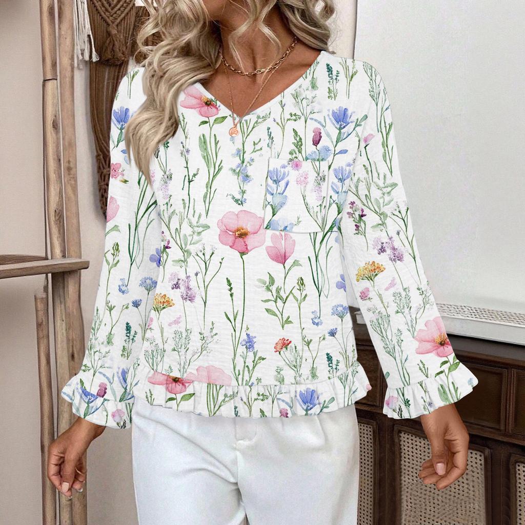 Dámský ležérní módní top s volánky, výstřihem do V, potiskem a dlouhým rukávem