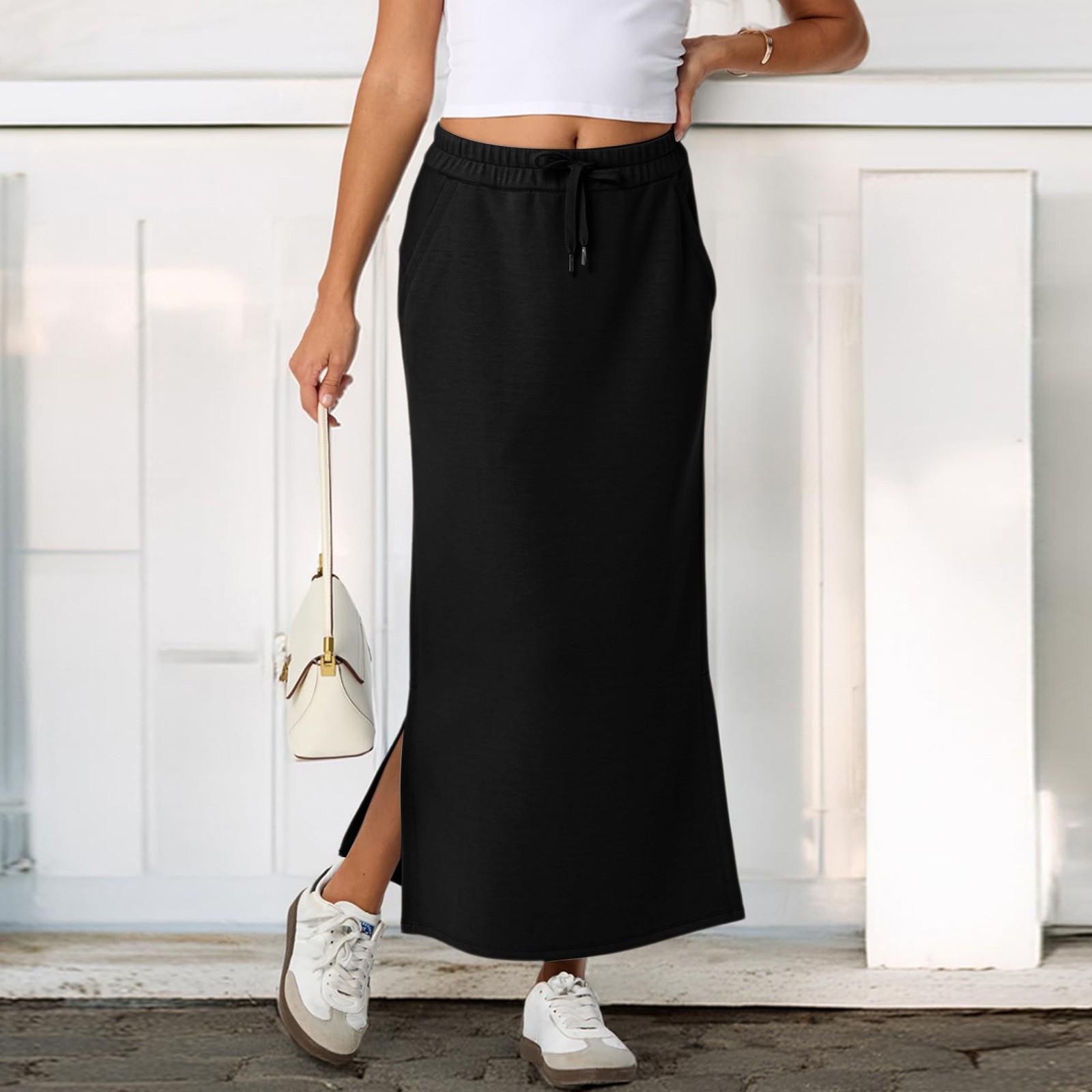 

Womens Casual Maxi Skirts High Waist Trendy Drawstring Side Slit Skirts With Pockets L чёрный