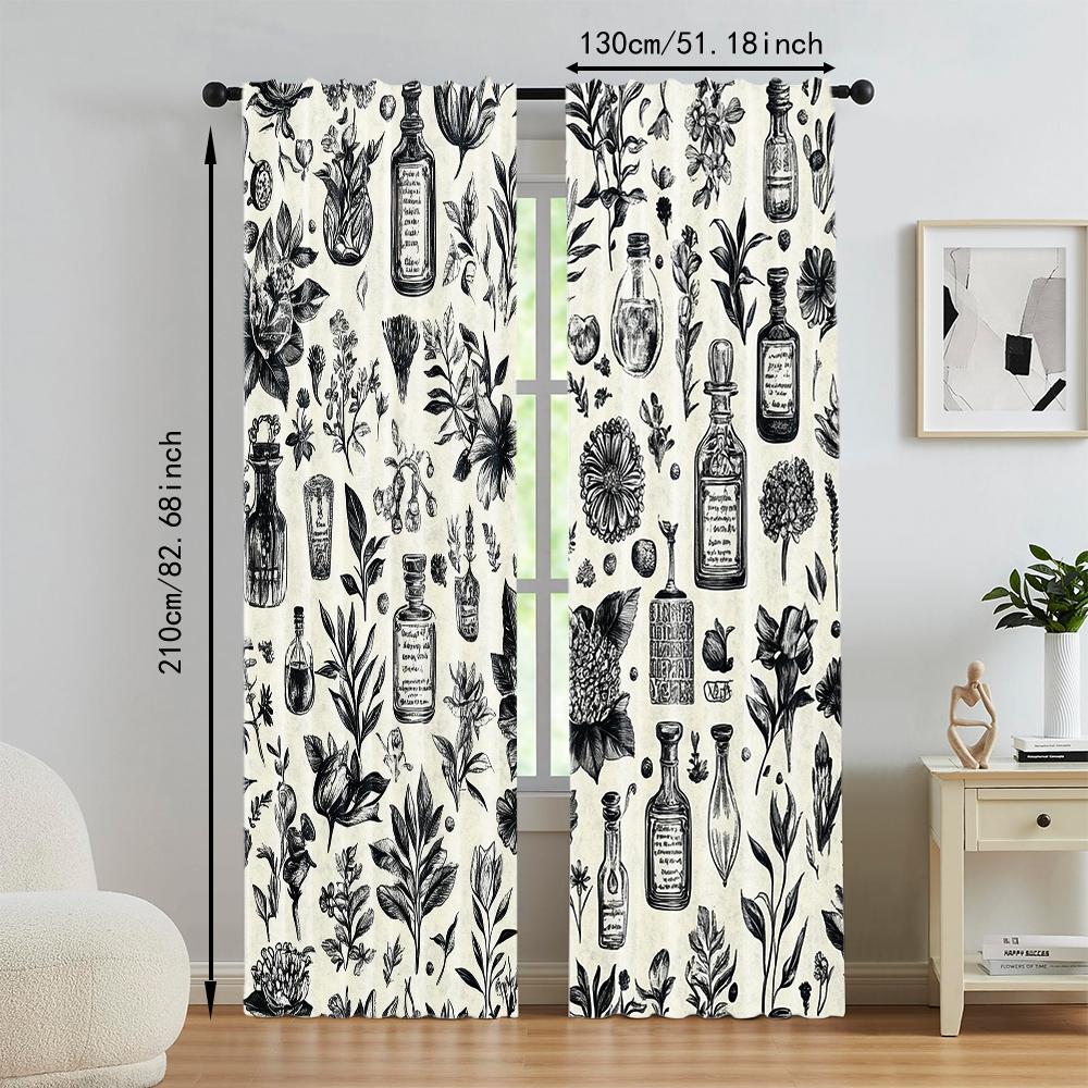 2 Pcs, Versatile Polyester Transparent Curtains for Home Decoration Black and White Floral Pattern for Use In Bedrooms and