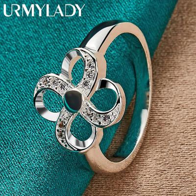 URMYLADY 925 Sterling Silver Four-Leaf Flower 7-10 Ring For Women Fashion Charm Jewelry