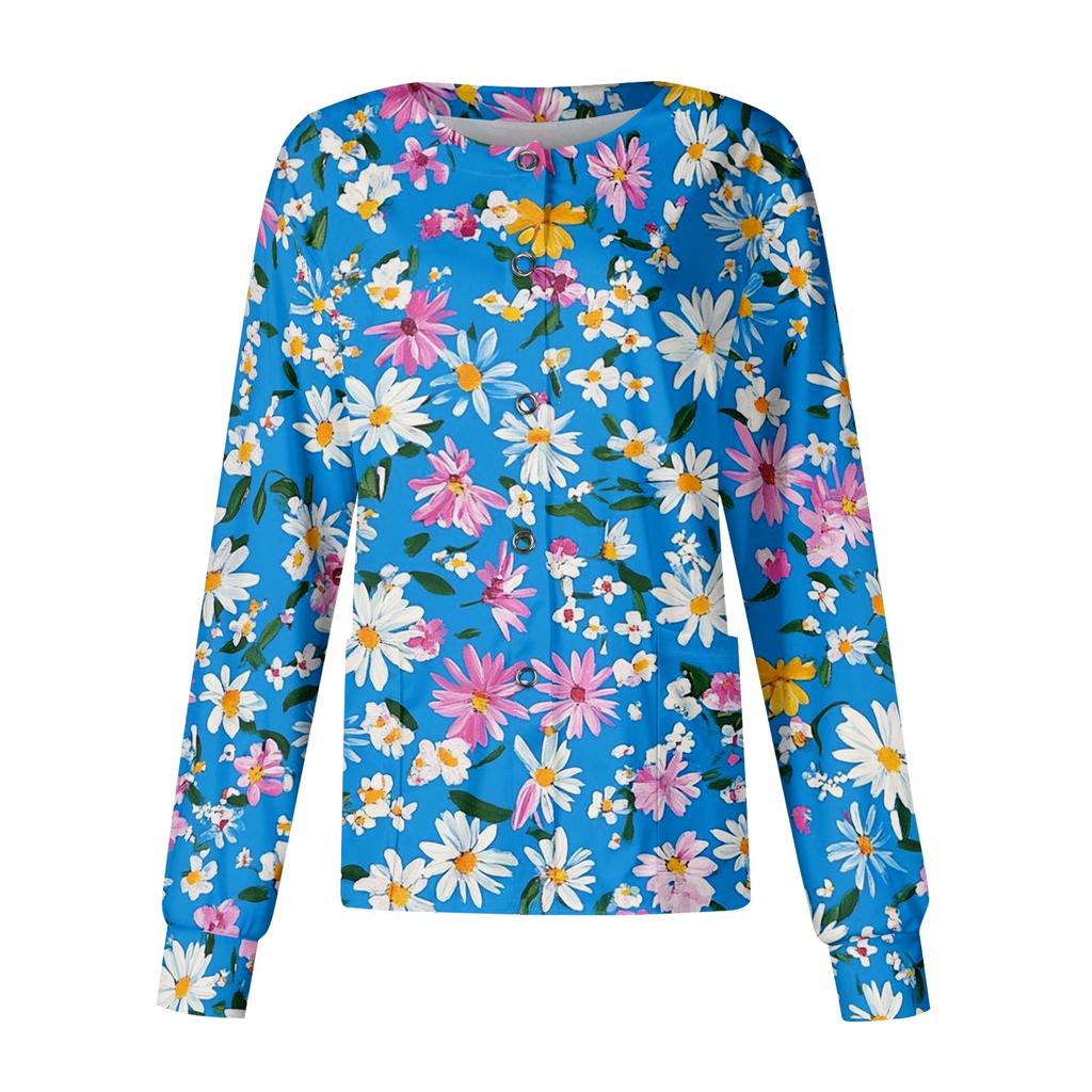 Women's Long Sleeve Button Front Floral Print Medical Scrub Top Lightweight Comfortable Fit Nursing Uniform Shirt