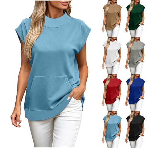 Damen Casual Ärmelloses Sweatshirt mit Rundhalsausschnitt und Tasche Farbe Top