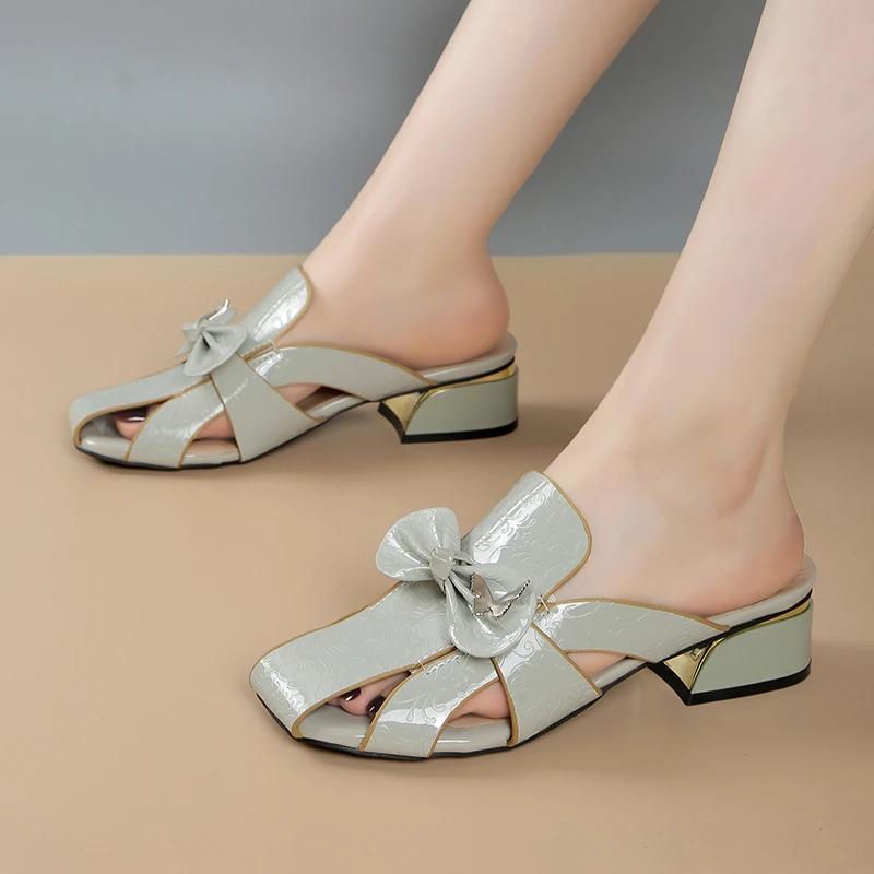 Fashion Summer New Baotou Female Slippers 2025 Hot Sale Round Head Hollow Open Toe Butterfly Knot Anti-slip Wear-resistant Heel Shoes