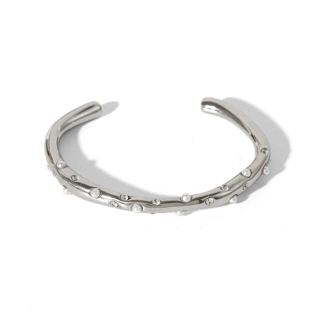 French Retro 18K Gold-Plated Zircon Pearl Stainless Steel Open Bangle Bracelet