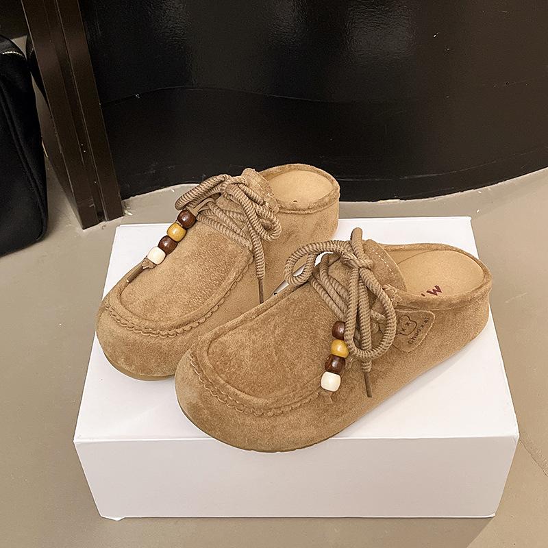 Retro Beaded Bag Head Boken Half Slippers Women's 2025 New One-pedal Thick-soled Literary Mori Versatile Muller Shoes