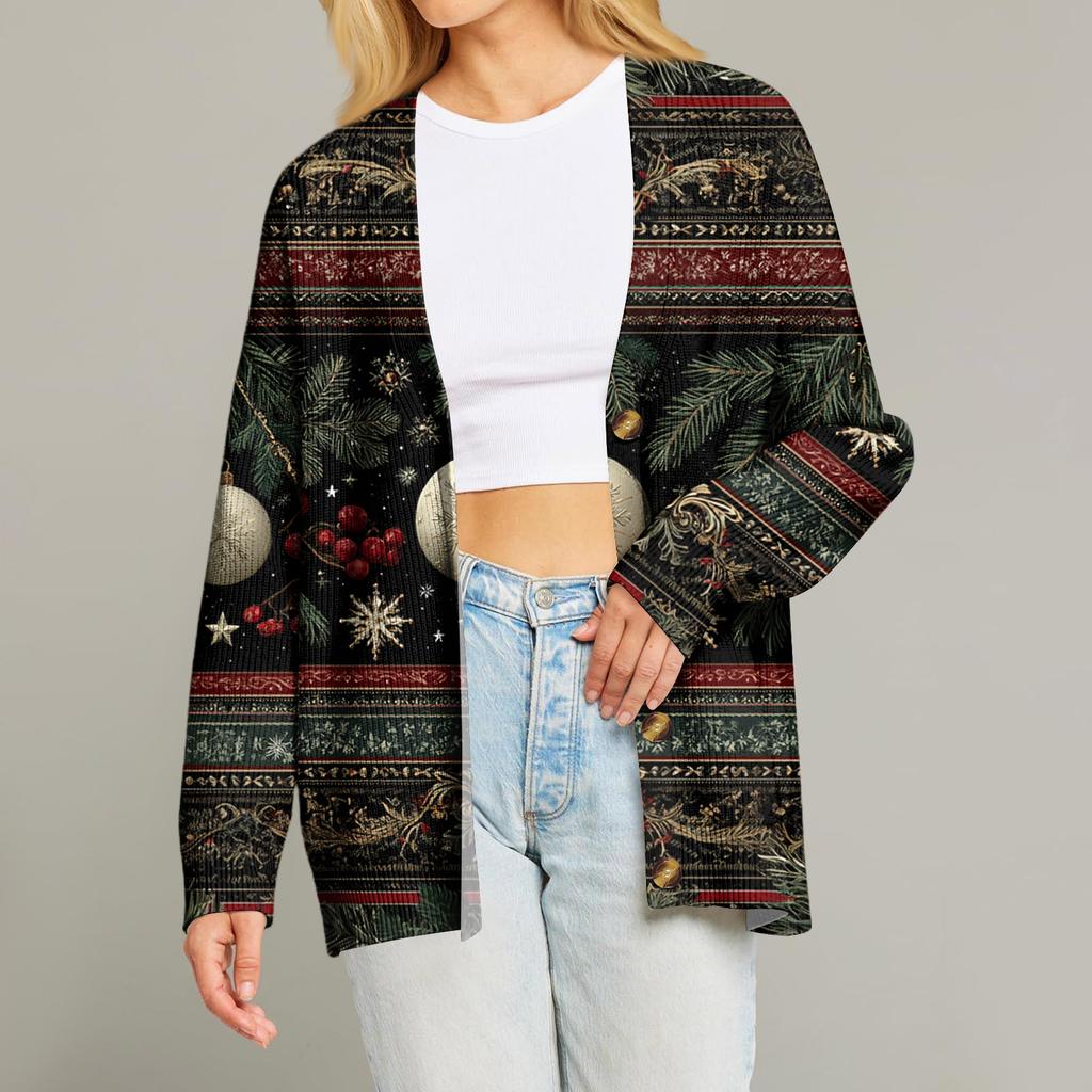 Women's Fashion Long Sleeve Print V-Neck Button Loose Cardigan Top
