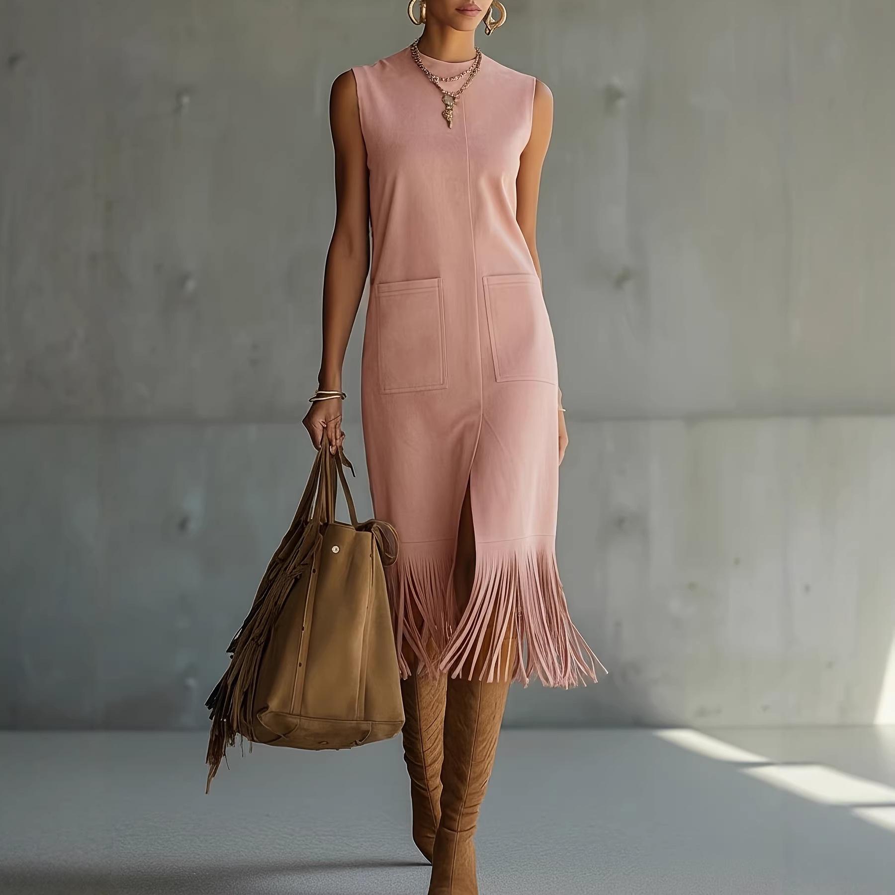 

European & American Style Sleeveless Suede Plush Tassel Dress for Women - Autumn/Winter Fashion Slim Fit Long Dress (2026 Model) S рожевий