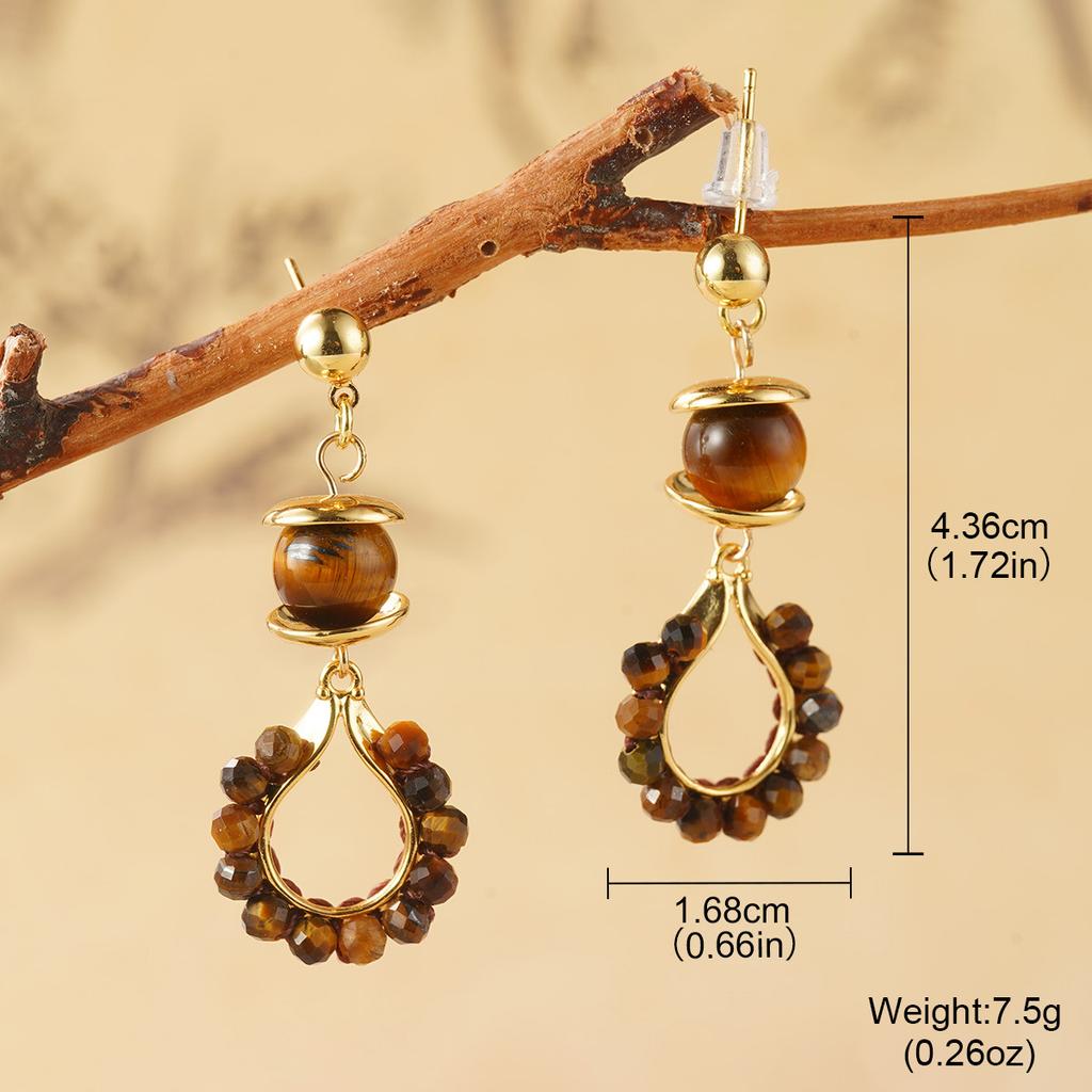 Autumn and winter geometric Maillard natural tiger's eye stone temperament beaded earrings retro style earrings high-end stud earrings