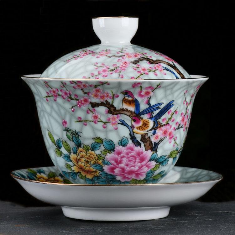 Large Ceramic Teapot Set with Hand Painted Flowers Home Tea Brewing Kungfu Tea Kit with Handle