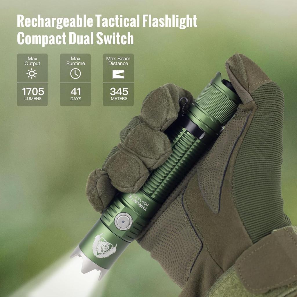 ThruNite BSS V6 Pro Tactical Flashlight, USB-C Rechargeable, Up To 1705 Lumens, 6 Lighting Modes, Dual Switch (Dark Green, CW)