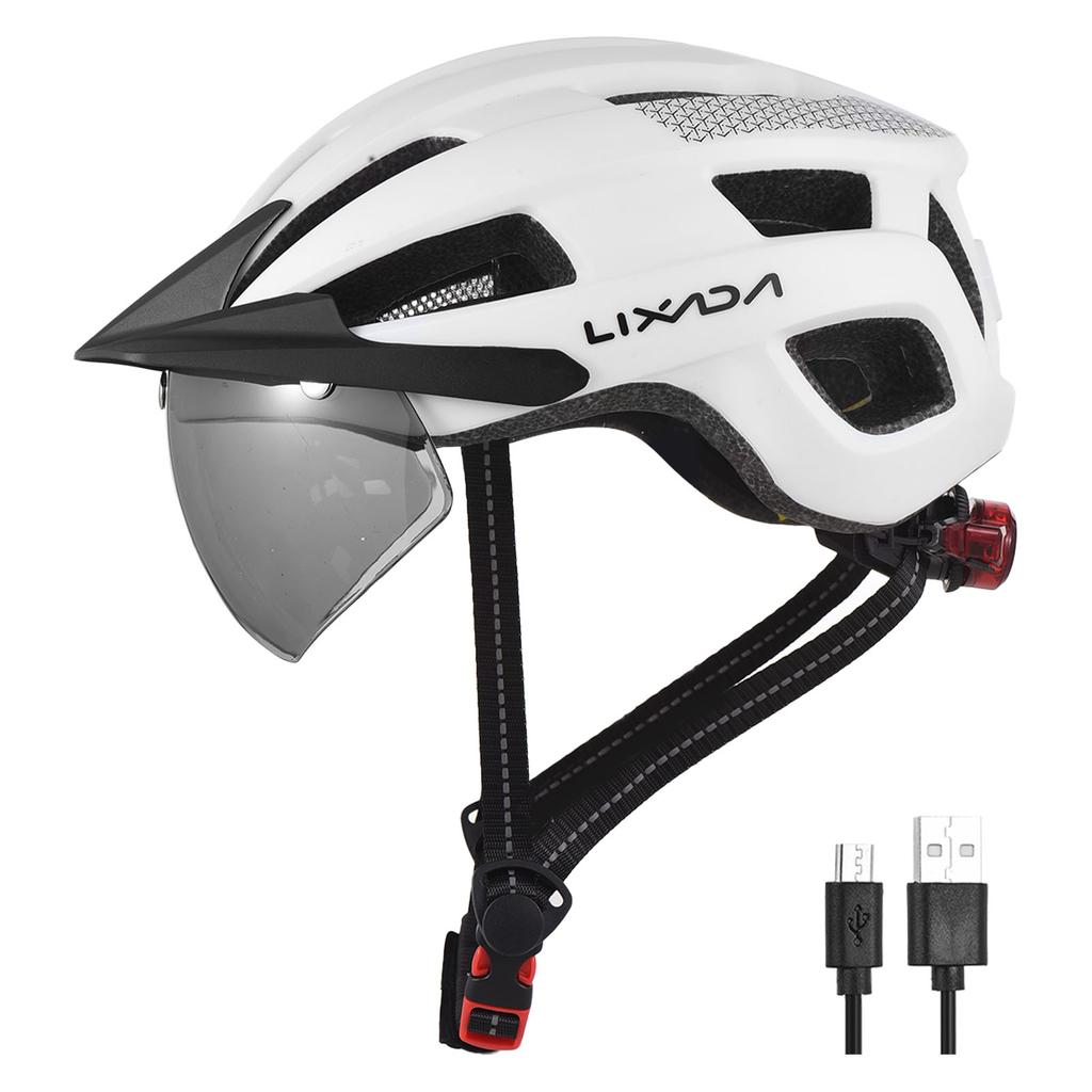 Capacete de bicicleta com pára-brisa e viseira solar recarregável luz traseira ajustável capacete de bicicleta para