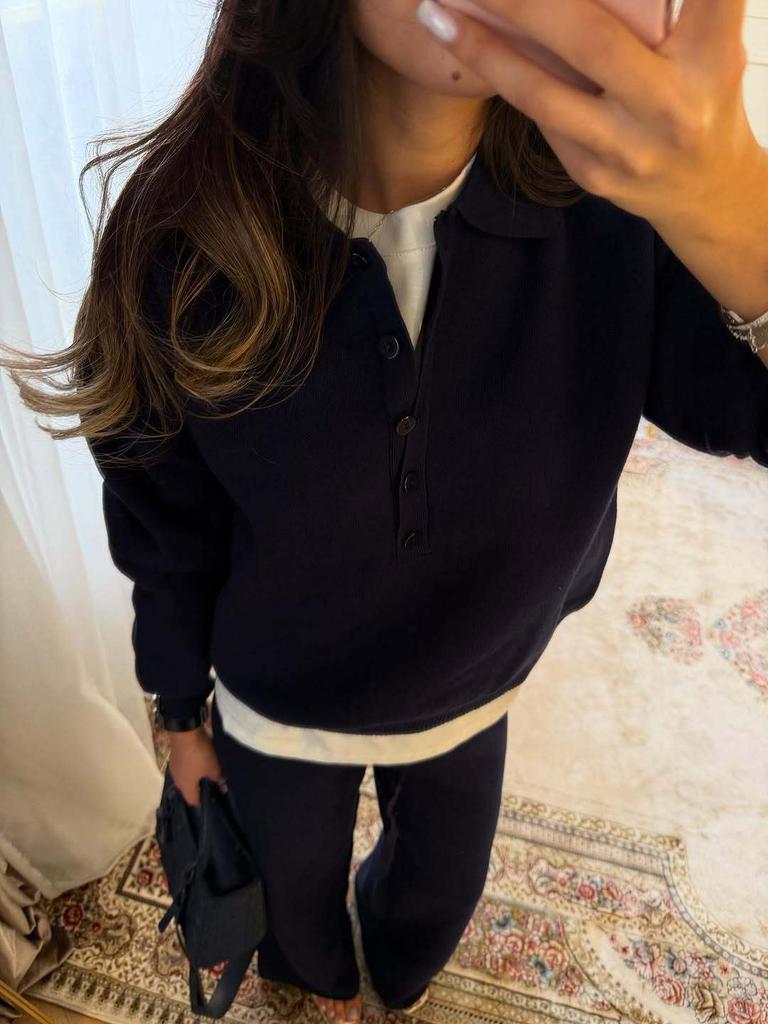 Luxury Solid Knit Set 2 Piece Outfit V Neck Button Pullover Top and Straight Wide Leg Trousers Fall Winter