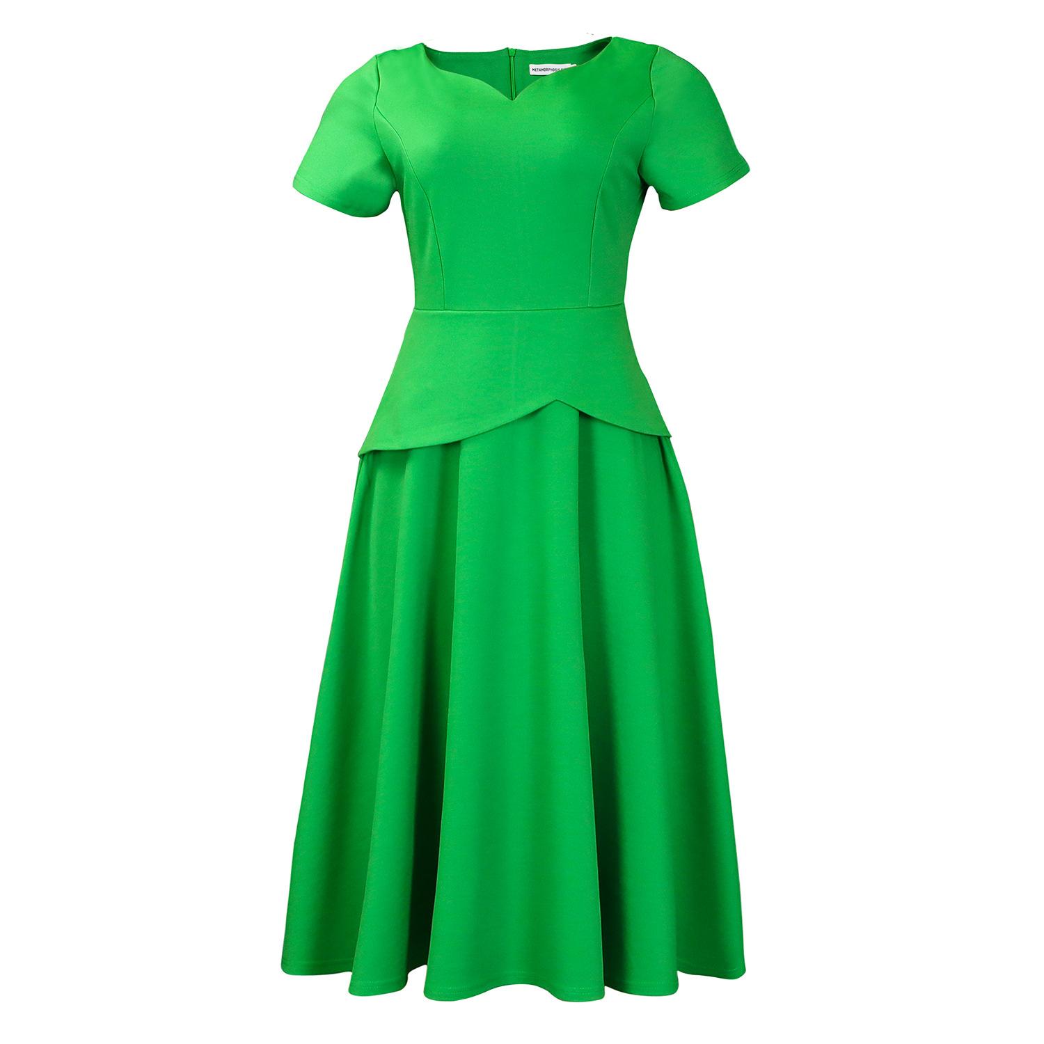 Women Fashion Solid Color V Neck Short Sleeve High Waist Midi Dress S