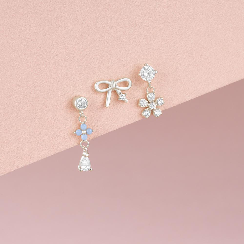 3PCS Stainless Steel Blue Opal Stone Flower Bowknot Petal Piercing Earrings Set For Women Statement Earring Party Jewelry aretes