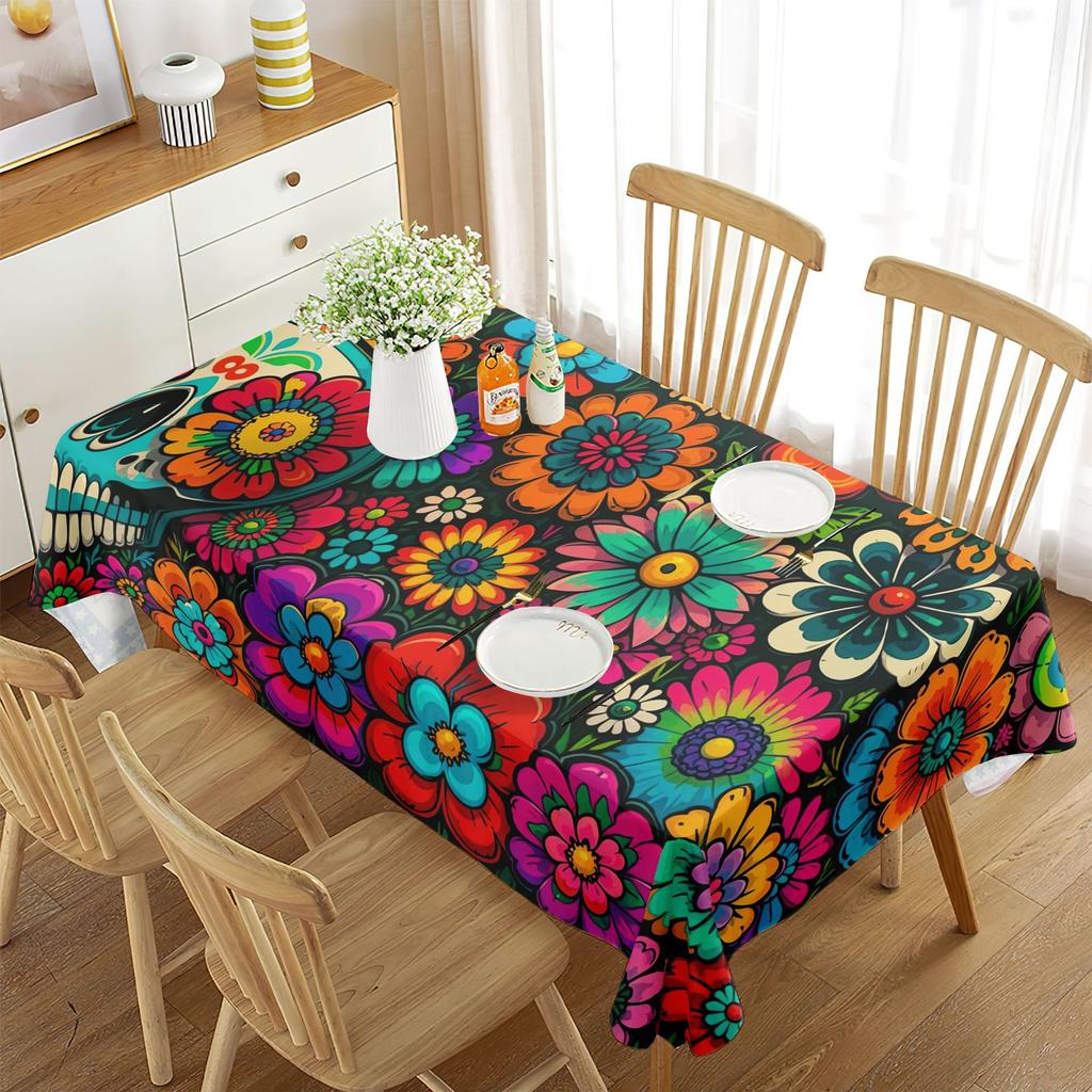 New Dining Table Cloth Tablecloth Waterproof Skull Flower Rectangular High-end Decorative Tablecloth Beach