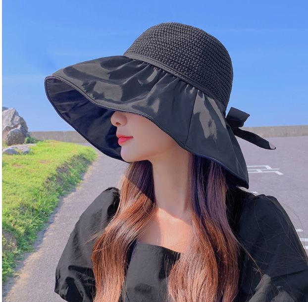 Women's Black Anti-UV Wide Brim Sun Hat with Face Shield