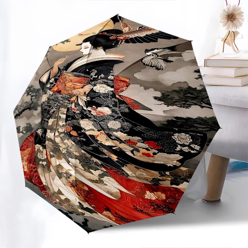Geisha. Moonlit Themed Automatic Opening and Closing Umbrella, Brightly Colored 8 rib Portable Umbrella, Suitable for Men and Women, A Perfe