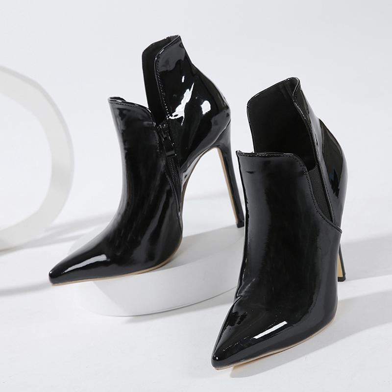 Liyke  Spring Black Patent Leather Women Pumps Shoes Sexy Pointed Toe Zip Ankle Boots Party Stripper Heels Modern Booties