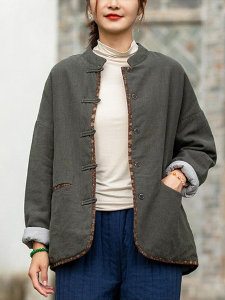 Johnature Women Chinese Style Linen Parkas Stand Long Sleeve Button Solid Color Coats Winter Vintage Warm Parkas Women