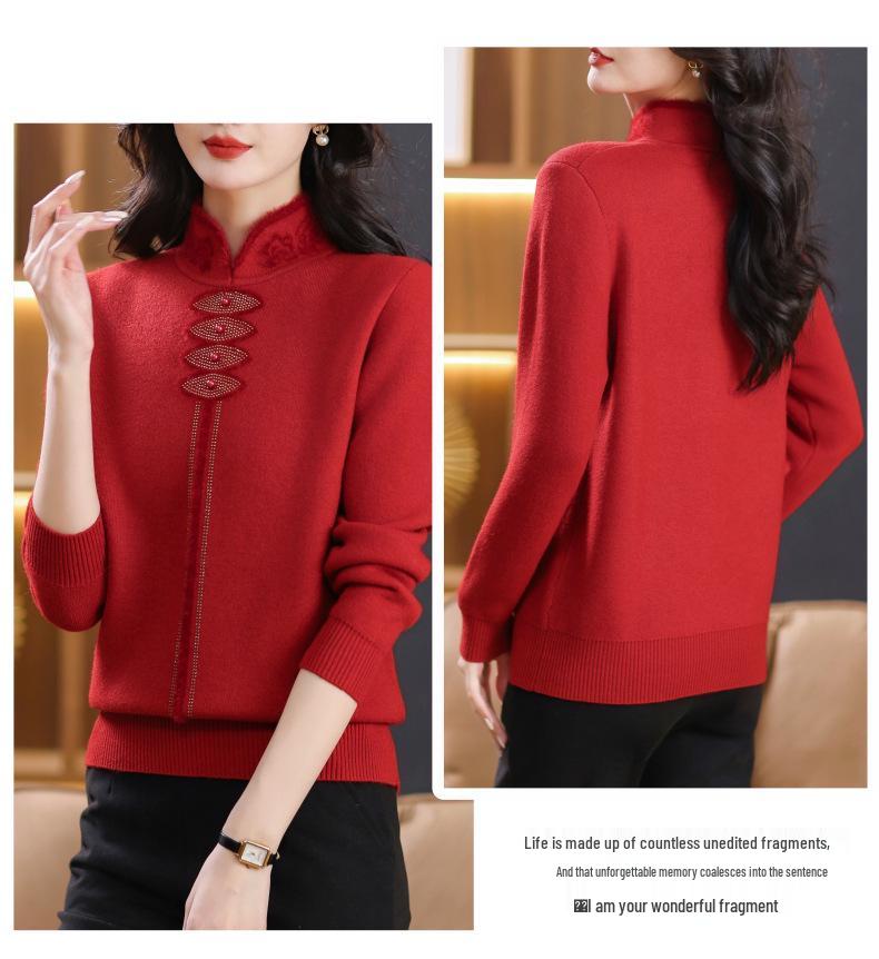 Autumn/Winter Velvet Cheongsam Collar Sweater for Middle-Aged Women - Warm, Stylish Red Top
