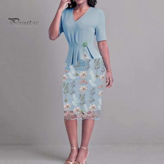 

Летнее женское платье Искусственное двухсекционное лоскутное платье с V-образным вырезом и розовым декором Цветочная вышивка на спине Молния на спине Clsoure Оболочка Slim Fit Формальный OL Коммутирующий стиль Офис S синий