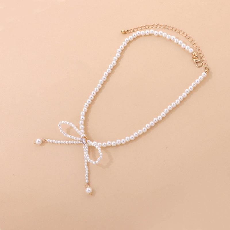 Bowknot Neckchain Girl Simple Imitation Pearls Choker Chain Aesthetic Jewellery