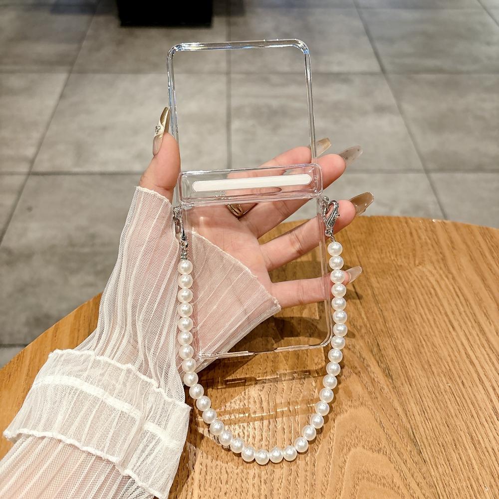 Transparent Pearl Bracelet Case for Samsung Galaxy Z Flip 7 6 5 4 3 Magnetic Hand Wrist Chain Clear Hard PC Cover
