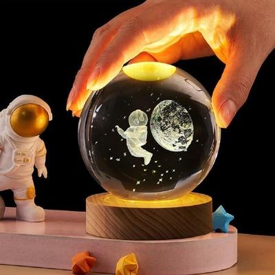 Crystal Ball Night Light Space Astronaut Half Moon with LED Wooden Stand, Room Decor Glass Sphere Lamp Night Light Gifts