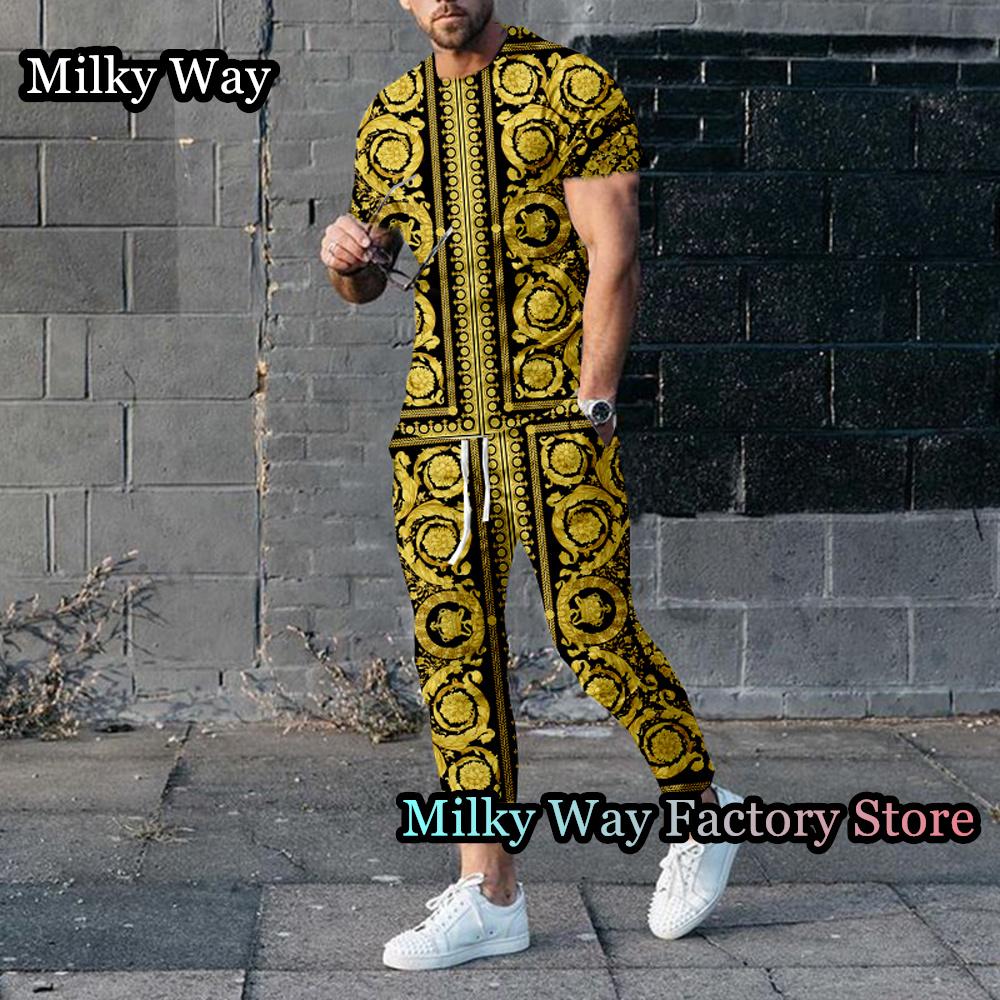 

Летний мужской роскошный спортивный костюм, комплект из 2 предметов, винтажная футболка, комплект брюк, золотой элитный наряд с принтом, мужской модный спортивный костюм, одежда M