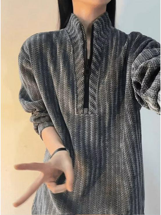 Unisex American Deconstructed Half-Zip Hoodie, Plus Size, Street Style Pullover, Autumn Trendy High-End Top M серый