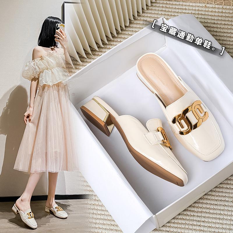 Mode Dicke Ferse High-End Taschenkopf Halbschuhe Damen tragen neue vielseitige Ein-Pedal coole Hausschuhe Damen