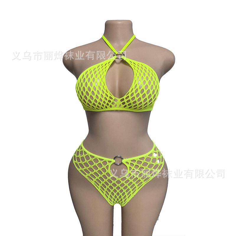 Sexy Lingerie Perspective Split Two-piece Fishing Net Hollow Neck Halter Iron Ring Bikini