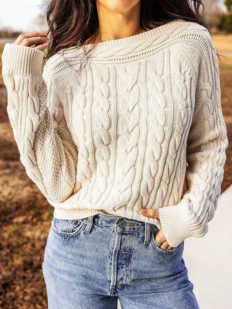 Women's Autumn 2026 Solid Color Cable Knit Pullover Sweater - European/American Style with Round Neck and Long Sleeves