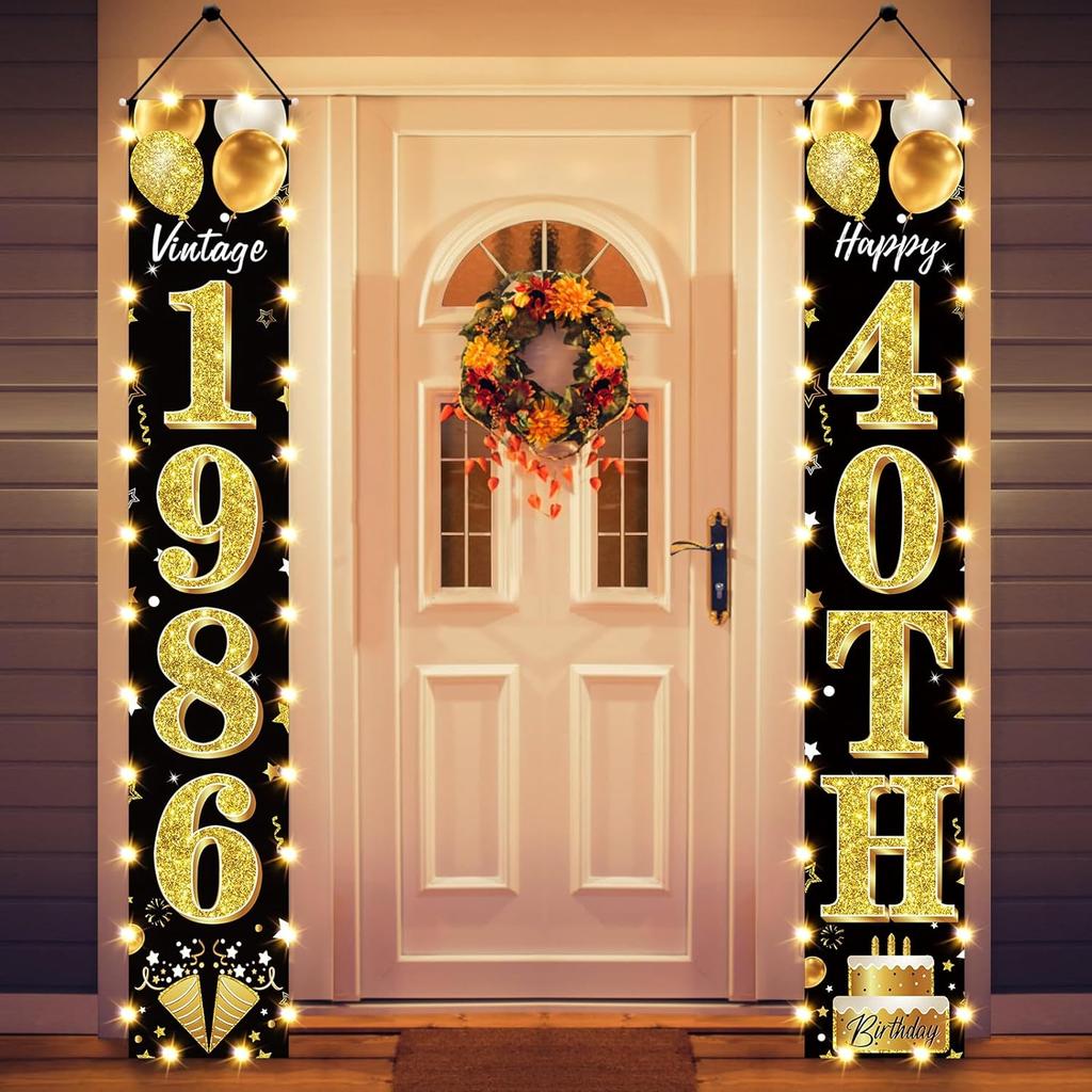 50th Birthday Party Banner Lighted Decorations for Men and Women - Black Gold Vintage 1976 50th Birthday Door Banners with LED Light, Fifty Years