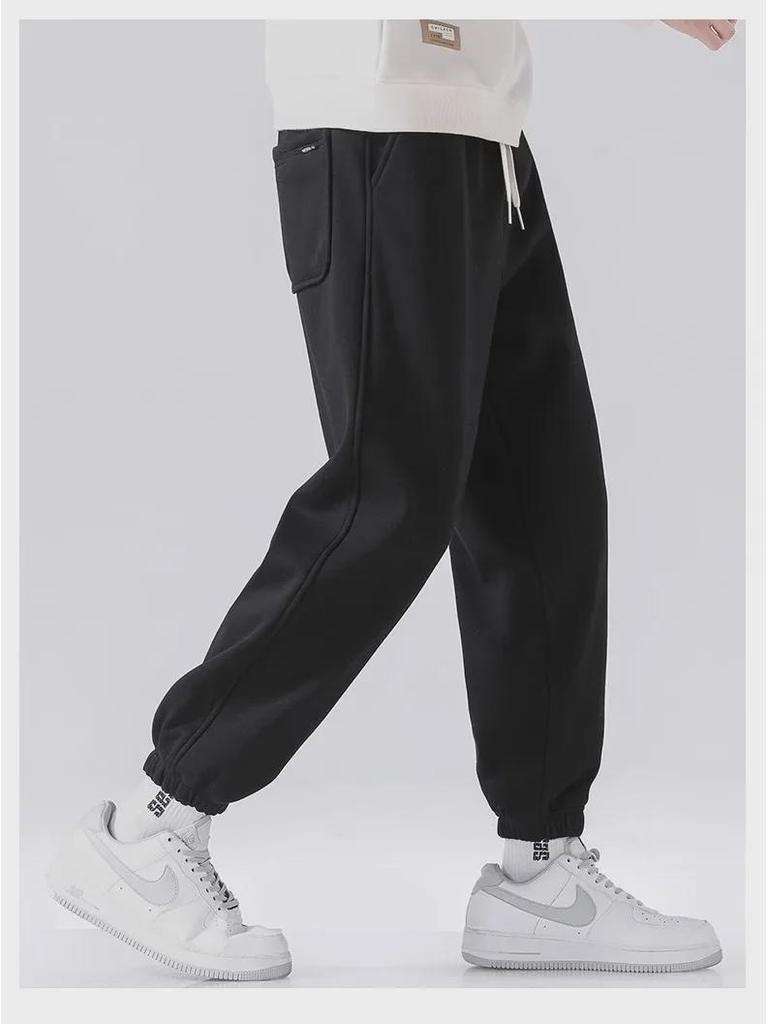Men's Heavy Brown Velvet-Lined Sweatpants: Loose, Drawstring, Trendy, Large Size, Spring & Autumn Casual Sportswear.