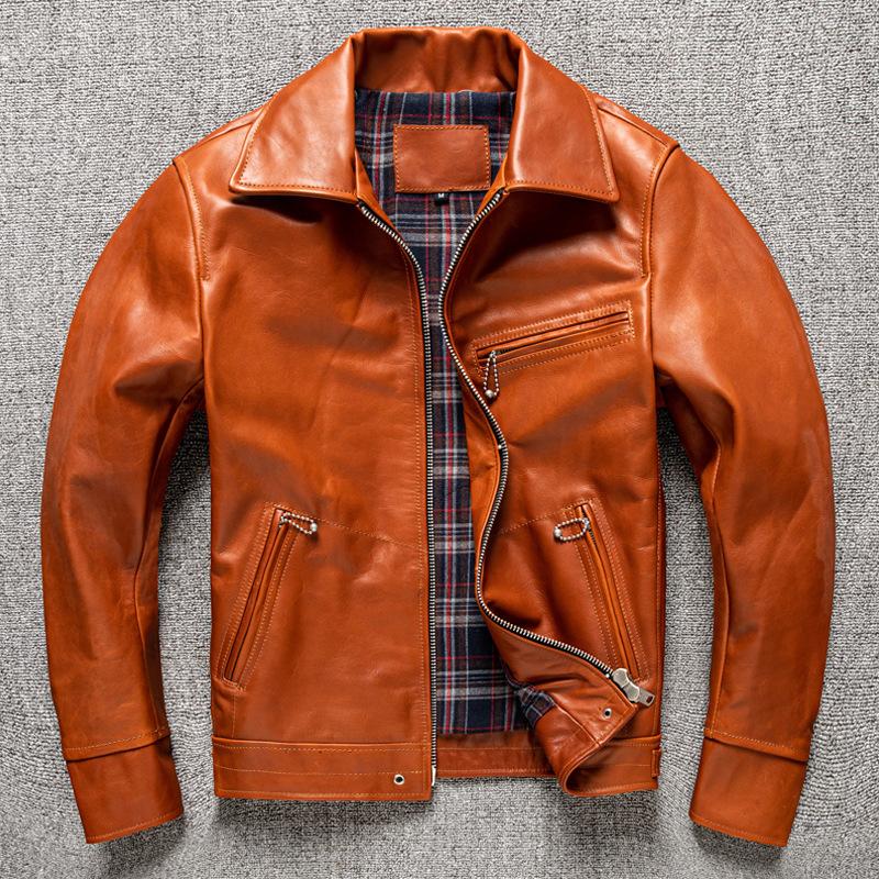

Classic Leather Leather Jacket Men s Slim Leather Jacket Casual Plus Size Jacket S оранжевый