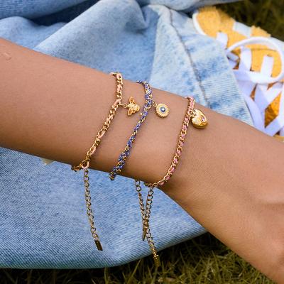 Design Vacation Style 18K Gold Pink Rhinestone Love Pendant Rope Interspersed Bracelet Jewelry