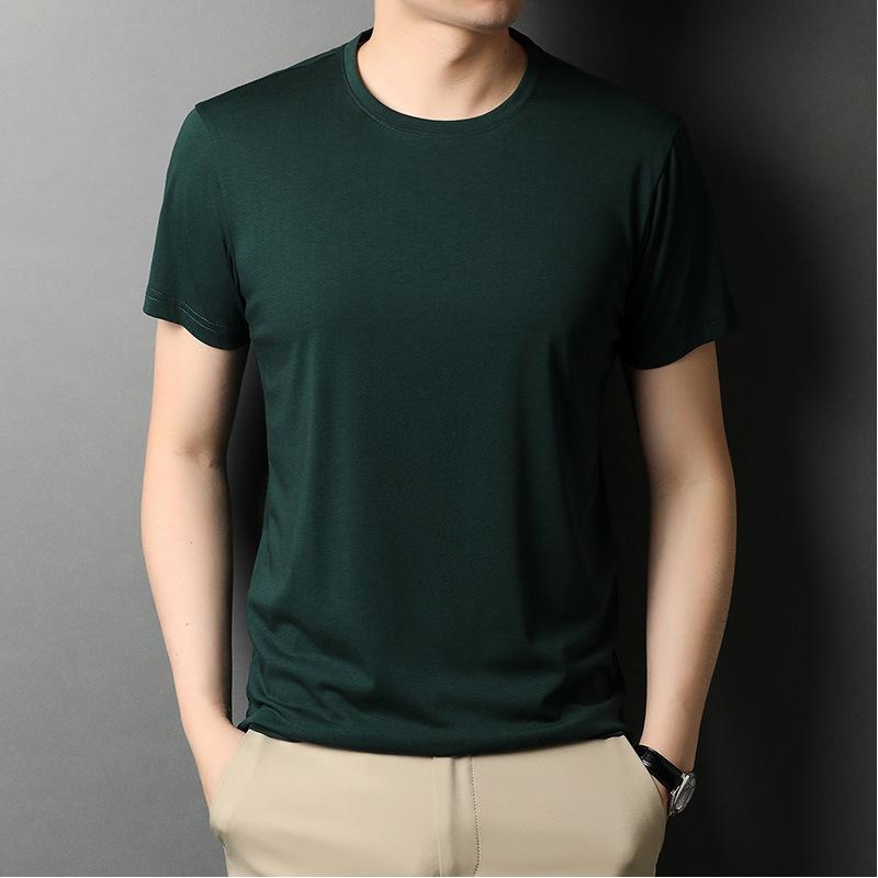 Round Neck T-shirt Men's Summer Thin In Green In Stock Straight Young and Middle-Aged Solid Color Casual T-shirt