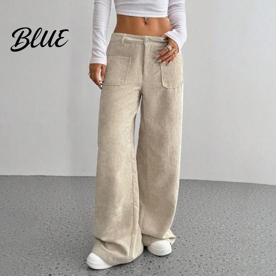 Women Pants Low Rise Zipper Button Fly Straight Wide Leg Comfortable All-day Wear Long with Pockets Solid Color Ribbed Leisure Trousers Wide-leg